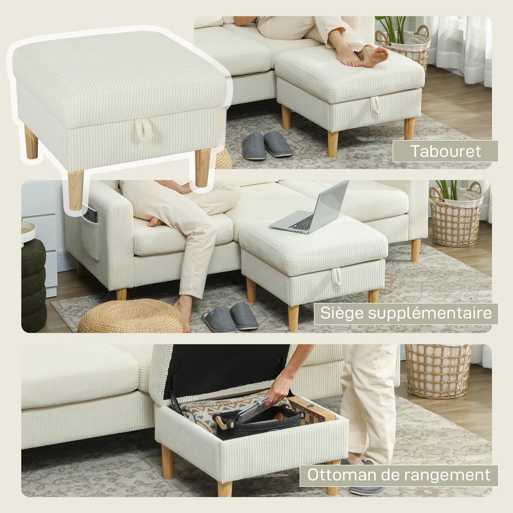 Sofá de 3 lugares 192 x 138 x 85 cm com apoio para os pés, sofá em veludo canelado, assento e encosto almofadados, bege