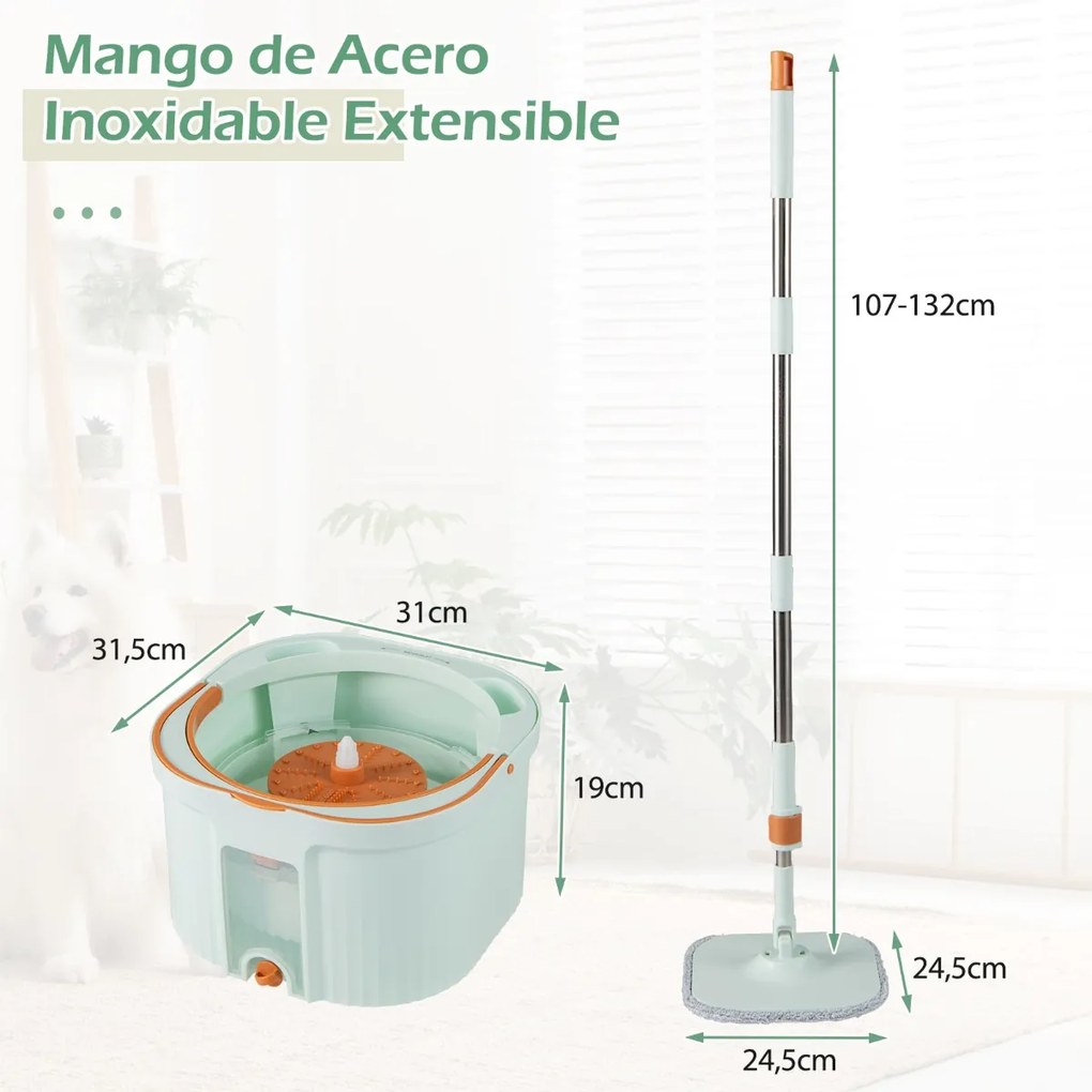 Esfregona giratória com balde separador de água limpa e suja Cabeça quadrada Autoescorregável Panos de microfibra verde menta