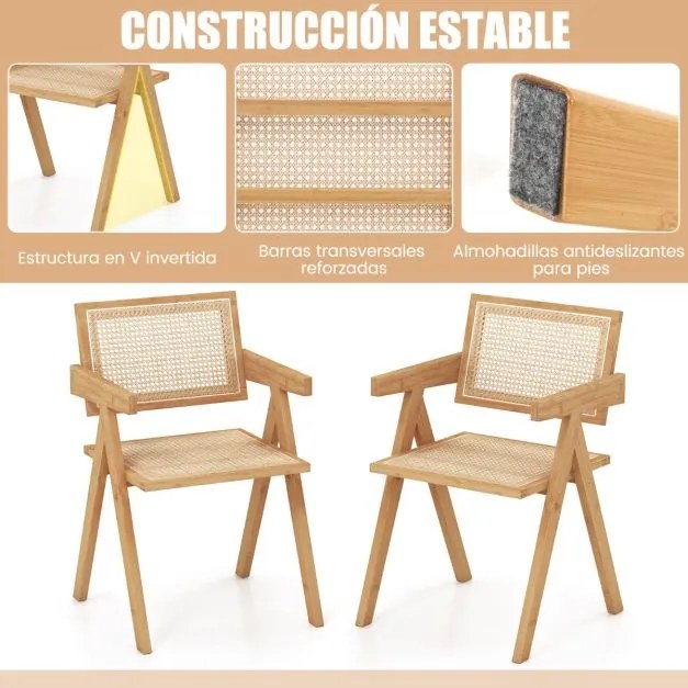 Conjunto de 4 cadeiras de jantar em rattan com estrutura de bambu, costas em imitação de cana e apoios de braços para cozinha 50 x 52 x 81 cm Natural