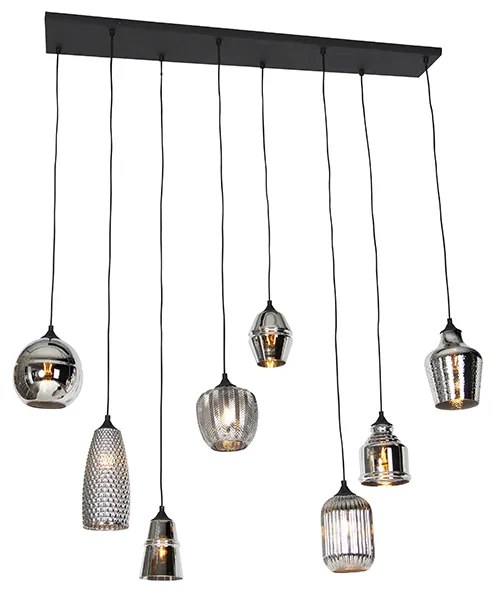 Candeeiro de suspensão Art Deco preto com vidro fumê 8 luzes - Hanne