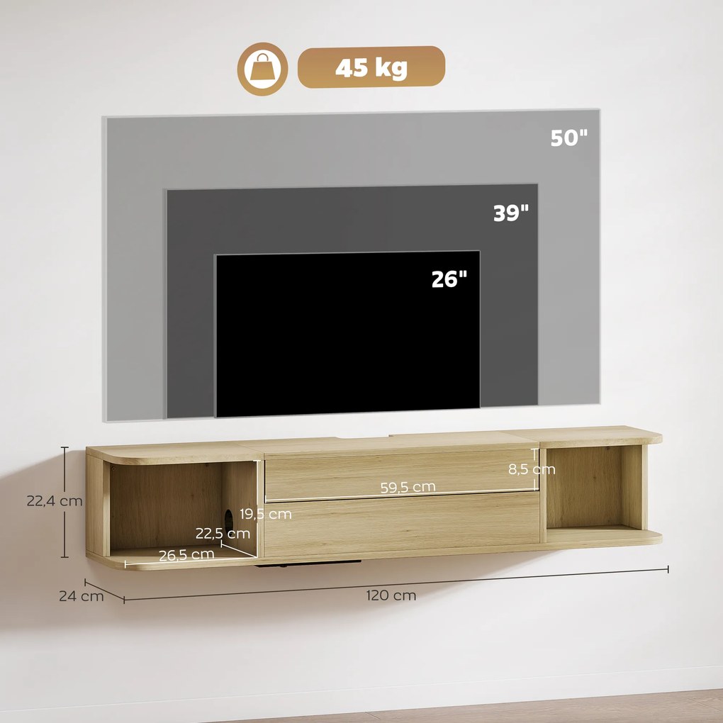 Móvel de TV suspenso para televisores de 50 polegadas 120 x 24 x 22,4 cm,, com gaveta, prateleiras e passadores de cabos com efeito de madeira natural