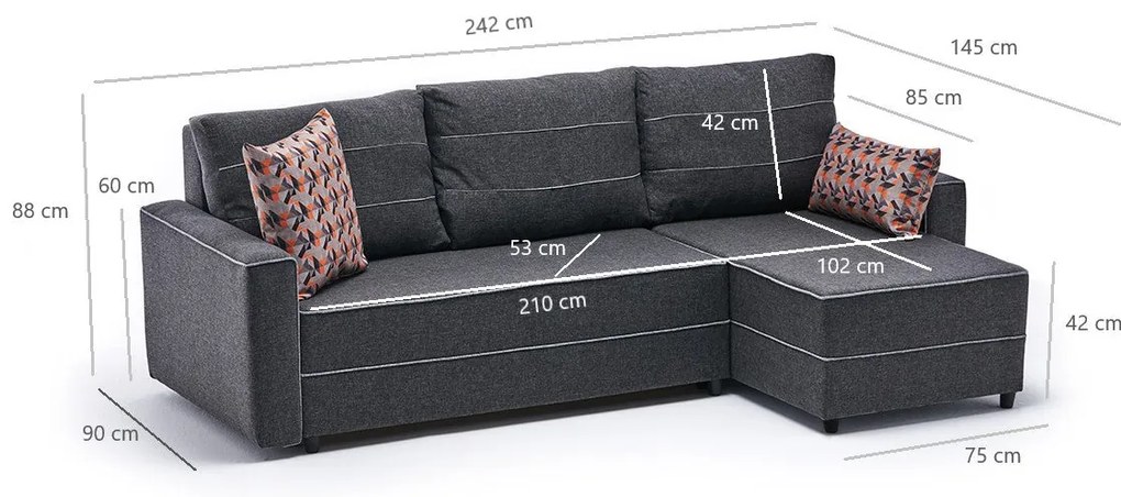 Sofá-cama de canto Ece – Antracite – 242 cm x 88 cm x 90 cm