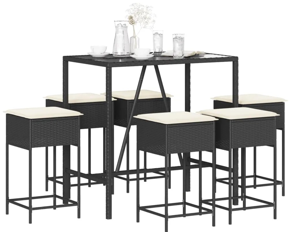 7 pcs conjunto de bar para jardim c/ almofadões vime PE preto