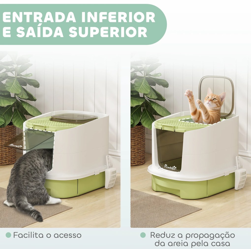 Caixa de Areia para Gatos Fechada com Entrada Frontal Saída Superior Tampa Amovível Bandeja e Pá 40,5x52,5x42,5 cm Verde