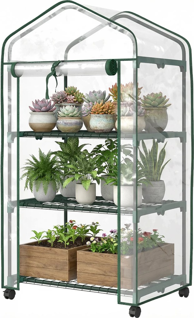Mini estufa de jardim com 3 prateleiras 69 x 49 x 130 cm, lona de PVC de alta densidade, porta enrolável e 4 Rodas, transparente