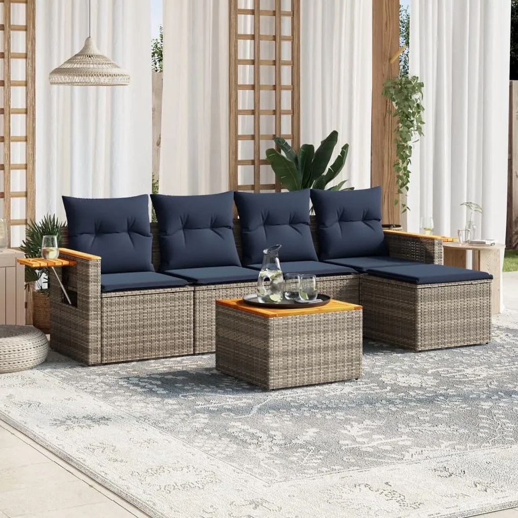 6 pcs conjunto sofás p/ jardim c/ almofadões vime PE cinzento