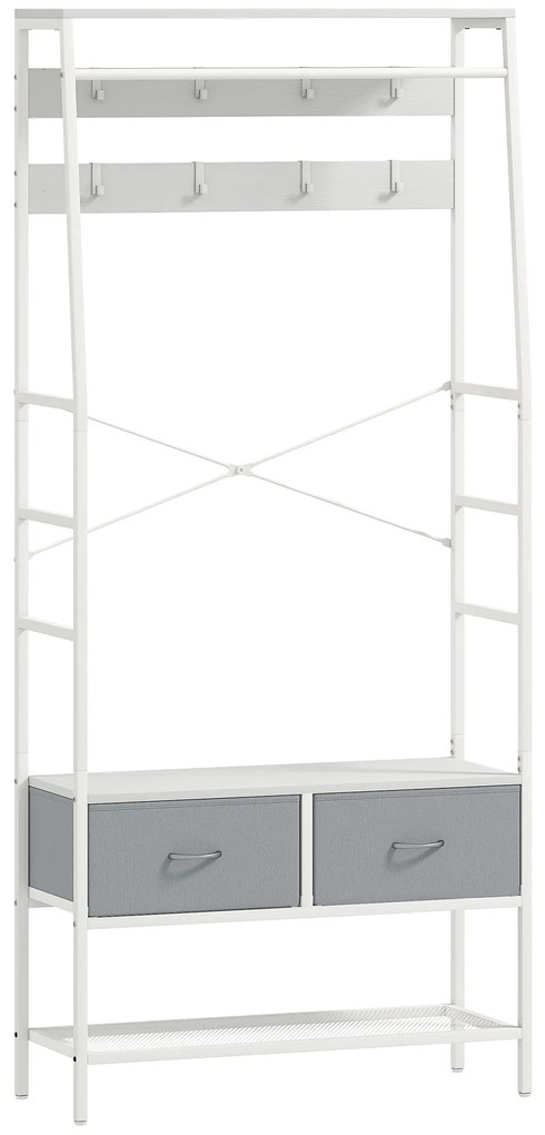 HOMCOM Móvel Cabide de Entrada com Banco Sapateira 8 Ganchos 2 Gavetas de Tecido Barra Prateleira 80x30x180,5 cm Branco e Cinza | Aosom Portugal