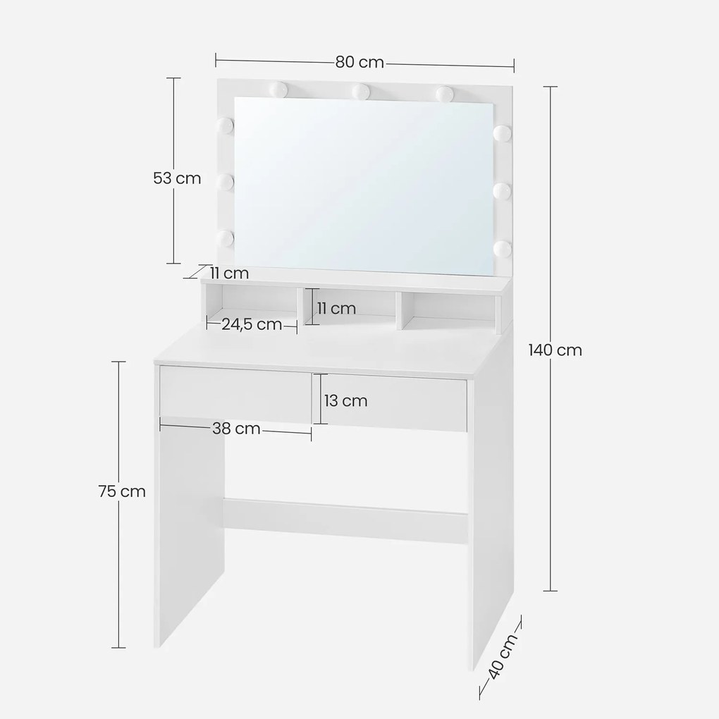Toucador com espelho e lâmpadas 80 x 40 x 140 cm Branco