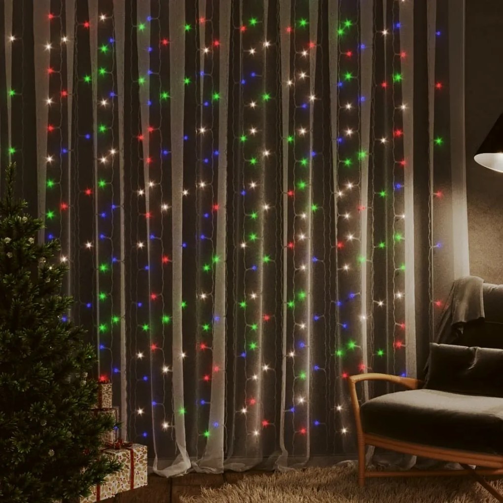 vidaXL Cortina iluminação 300 luzes LED 3x3 m 8 funções colorido