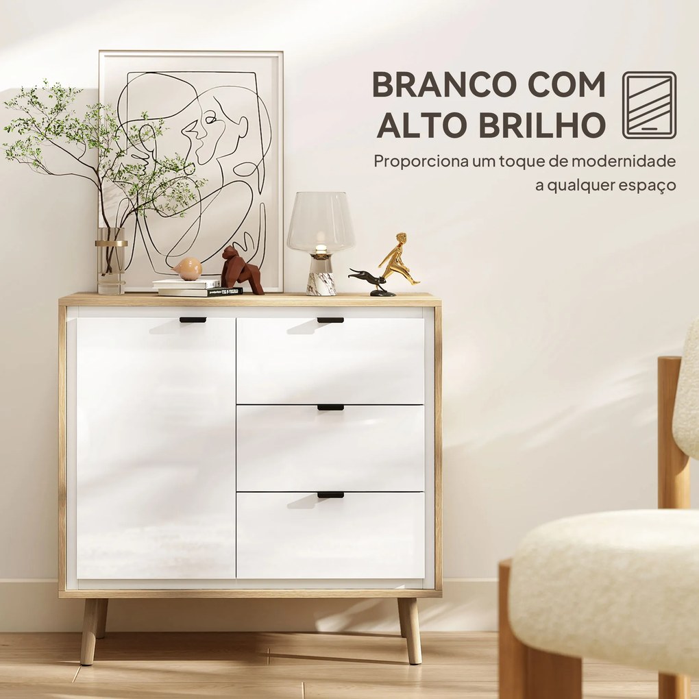 Aparador de Sala Moderno com 3 Gavetas Prateleira Ajustável e Pés em Madeira 80x35x77 cm Branco Brilhante e Carvalho