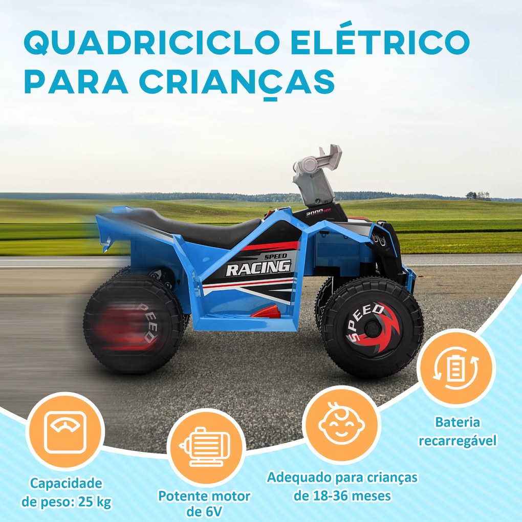 Moto 4 Elétrico para Crianças Veículo Elétrico a Bateria de 6V com Velocidade de 2,5 km/h 70x41,5x48,5 cm Azul