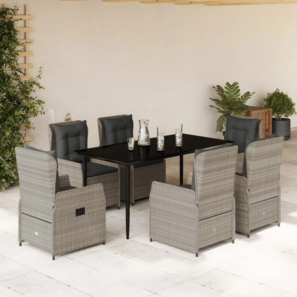 vidaXL 7 pcs conj. jantar p/ jardim c/ almofadões vime PE cinza-claro