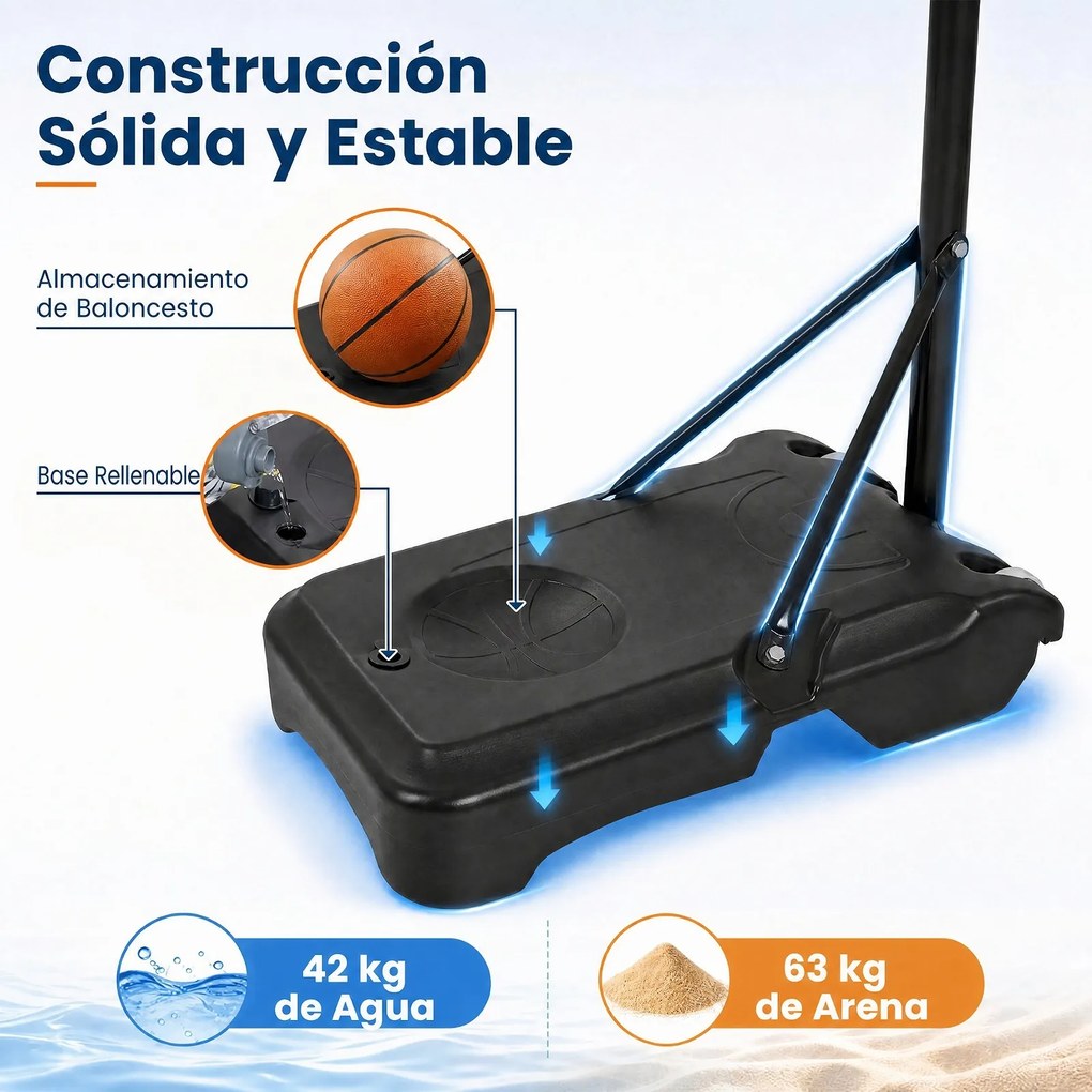 Cesto de Basquetebol Portátil, 76 x 46 x 263–308, Altura Regulável em 5 Níveis, Preto