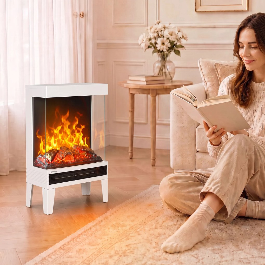 Lareira Elétrica 1000/2000 W com Chama LED Ajustável até 15-20 m² 40,5x20x62 cm Branca