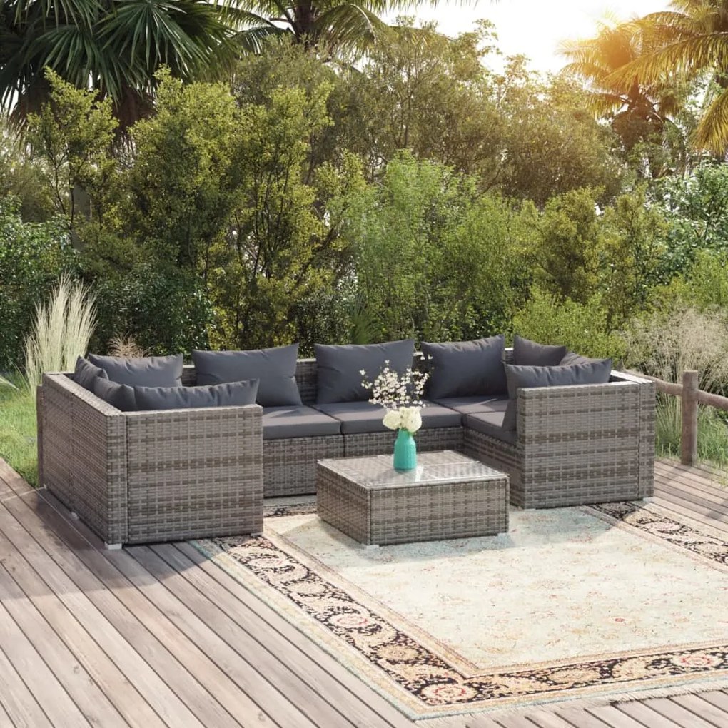 vidaXL 7 pcs conjunto lounge de jardim c/ almofadões vime PE cinzento