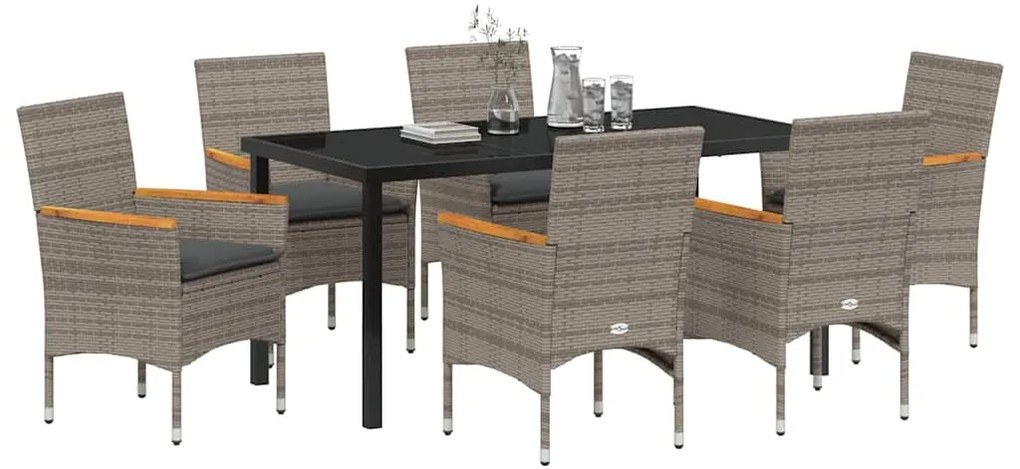 Conjunto de Jantar de Jardim 7 Peças com Almofadas Cinzas de Rattan Si