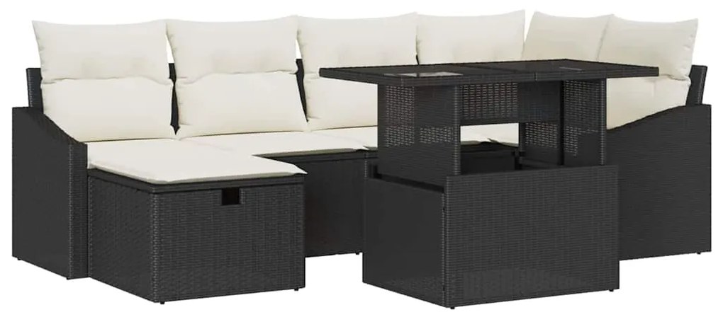 Conjunto de Sofá de Jardim de 7 Peças com Almofadas Preto Rattan Polic