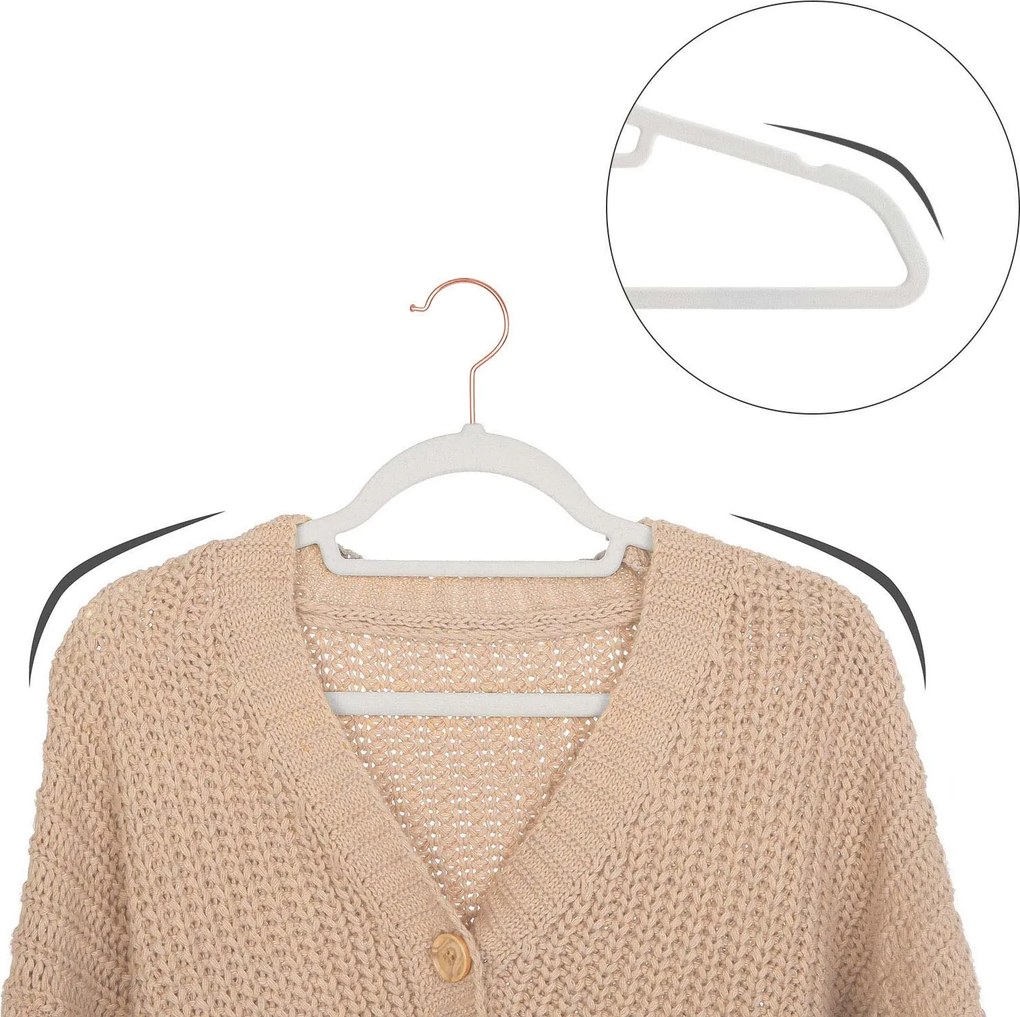 Conjunto de 50 cabides de veludo 45 x 23,5 cm branco + rosa dourado