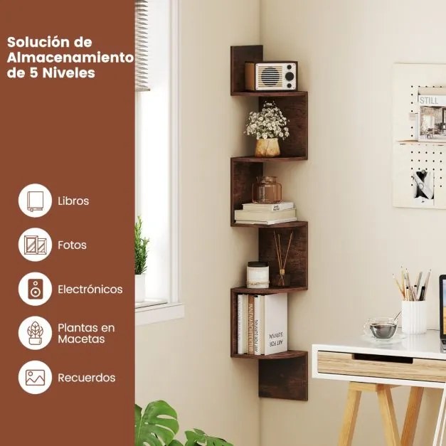 Estante de canto 20 x 20 x 126 cm de 5 níveis Organizador de armazenamento montado na parede para sala, quarto e cozinha Castanho