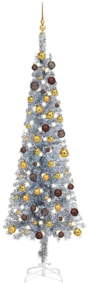 3078053 vidaXL Árvore de Natal fina com luzes LED e bolas 240 cm prateada