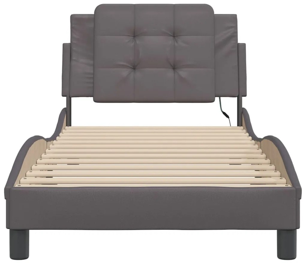 Estrutura de cama c/ luzes LED 100x200cm couro artificial cinza