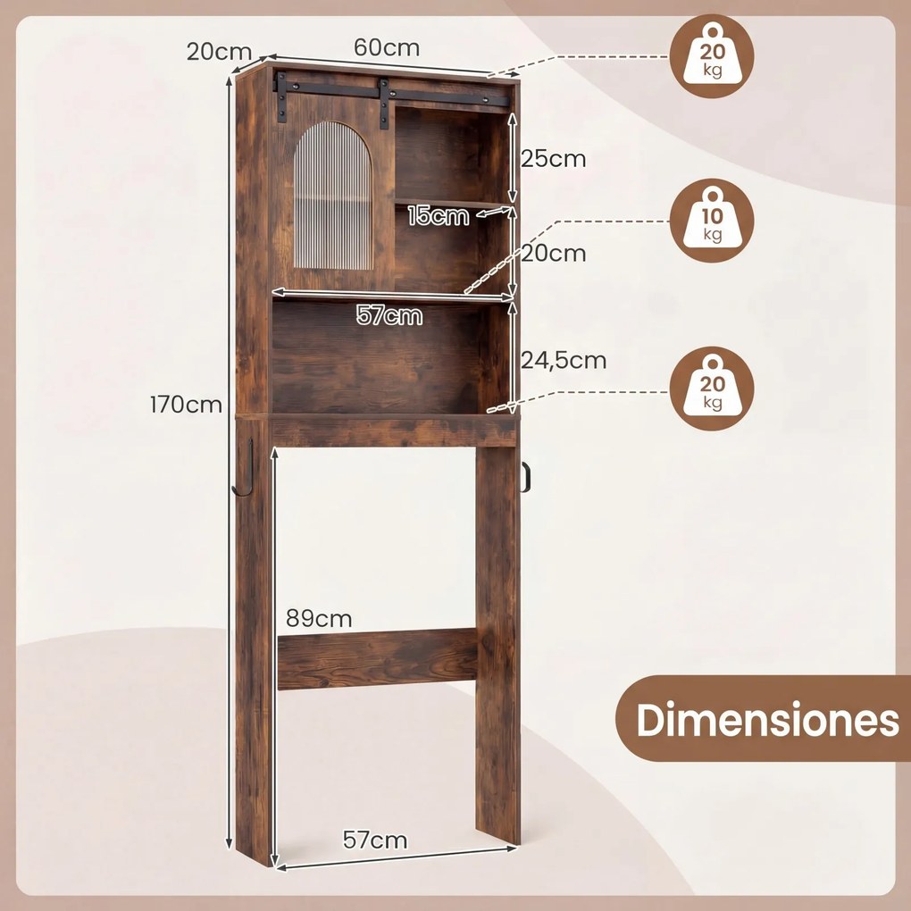 Estante de Casa de Banho sobre a Sanita, 60 x 20 x 170 cm, Porta de Correr, Castanho