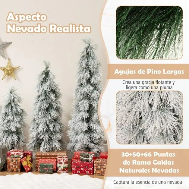 Conjunto de 3 árvores de Natal artificiais de 90 cm, 120 cm e 150 cm pré-iluminadas com pontas nevadas 30, 50 e 70 luzes verdes