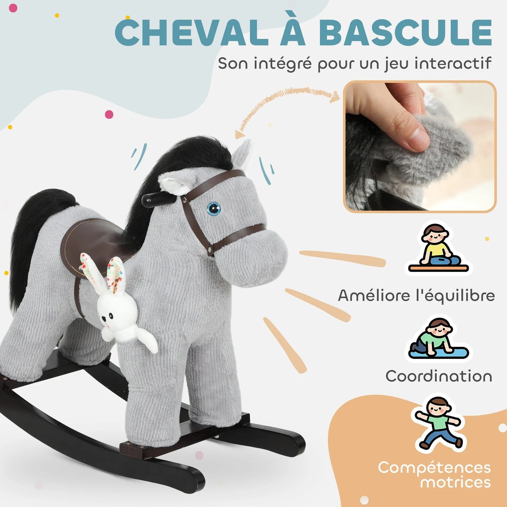 Cavalo de baloiço para crianças, brinquedo de baloiço para bebés em peluche com efeitos sonoros e boneca, 71 x 26 x 55 cm, cinzento