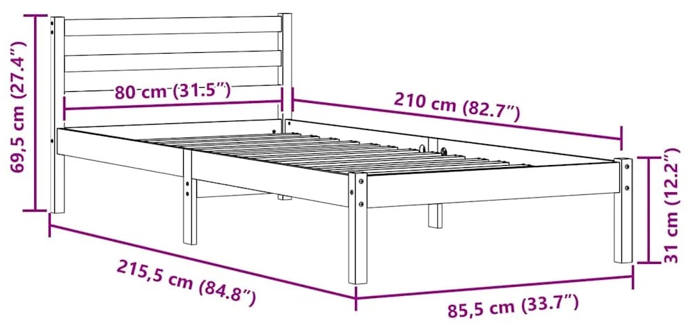 Cama vidaXL com cabeceira 80x210 cm em madeira maciça de pinho
