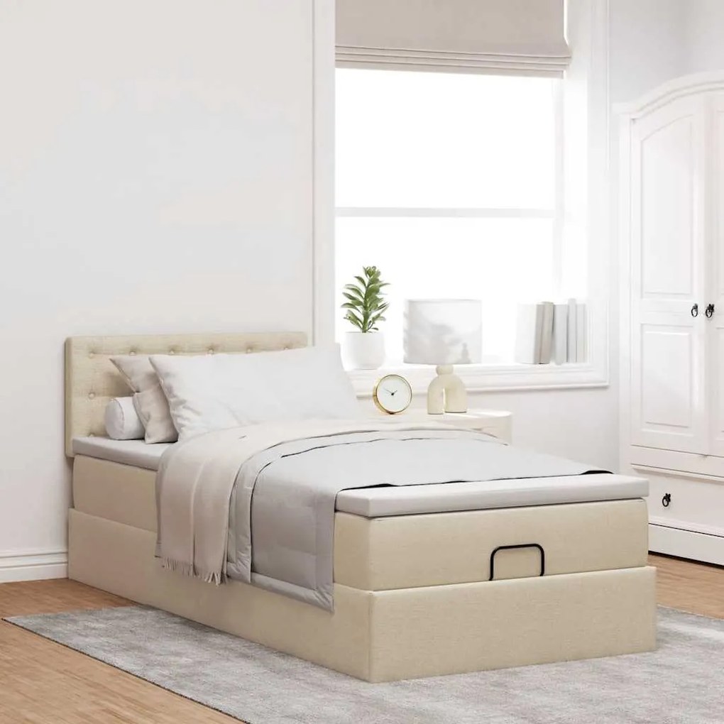 Cama otomana com colchão 100x200 cm tecido creme