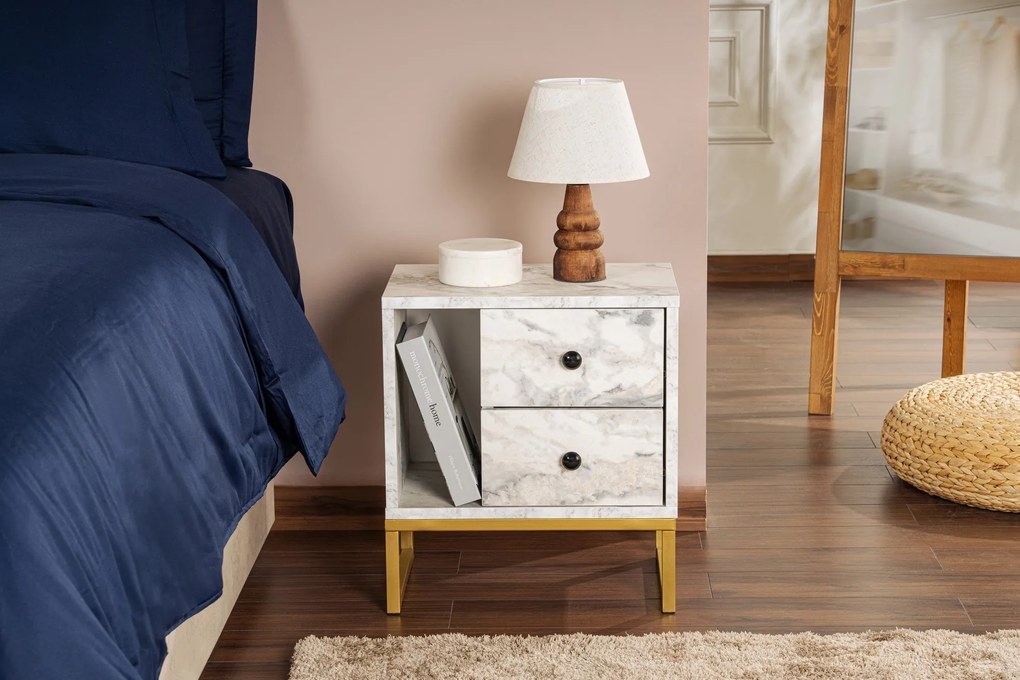 Mesa de Cabeceira Glimmer - Freesia Marble Gold - 45,2cm x 50cm x 29,5