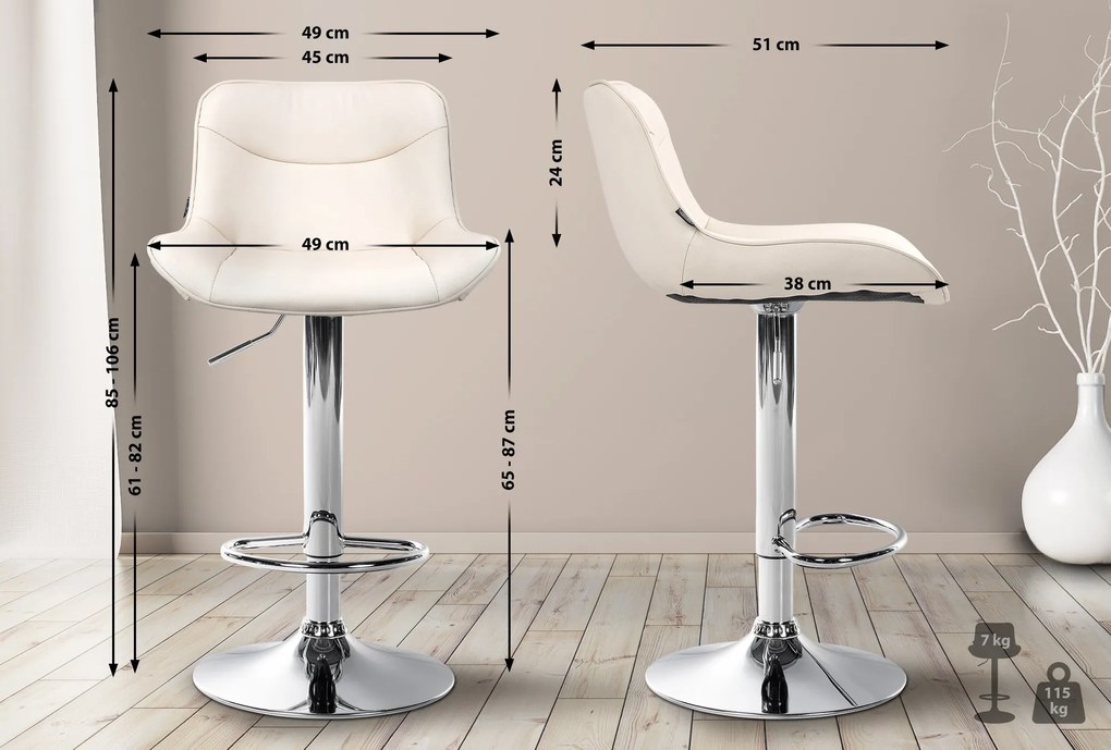 Banco alto em couro sintético com estrutura prateada 85-106 x 49 x 51 cm cor creme