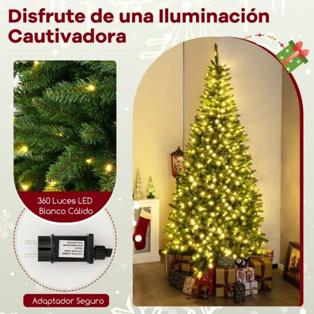 Árvore de Natal artificial pré-iluminada de 240 cm Ângulo de 270° com 1137 ramos 360 luzes LED Base metálica Decoração festiva para casa Verde