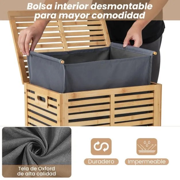 Cesto de roupa suja de bambu 80 L Organizador de roupa suja de bambu Organizador de ripas para lavandaria Quarto e casa de banho 50 x 35 x 62 cm Natur