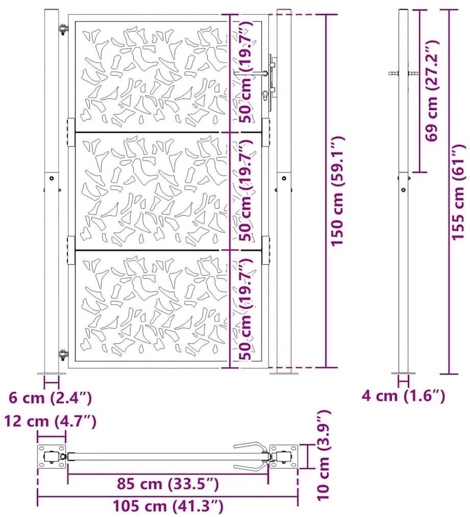 Portão de jardim 105x155 cm design de folha de aço resistente