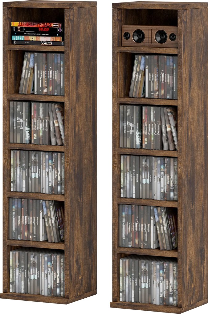 Conjunto de 2 estantes verticais para arrumação de CDs, com 12 compartimentos, 21 x 22,5 x 88,5 cm, capacidade para 204 CDs, castanho rústico