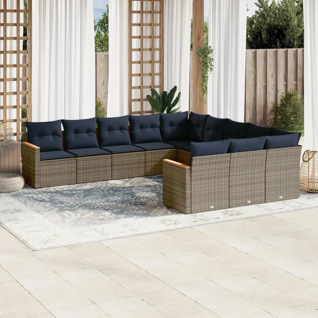 vidaXL 11 pcs conjunto sofás de jardim c/ almofadões vime PE cinzento