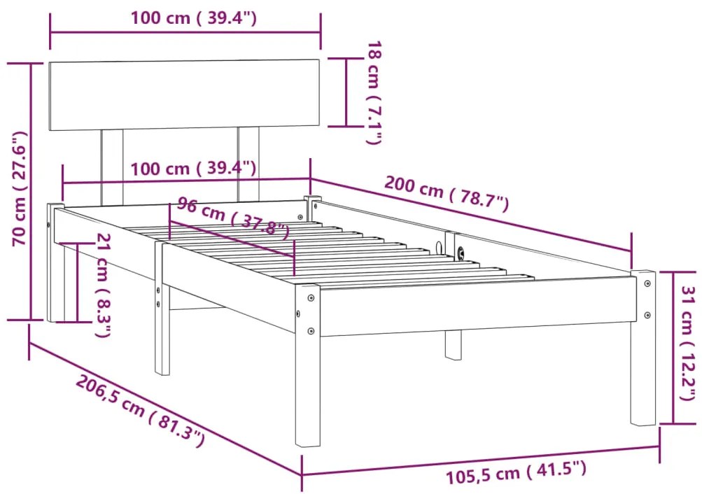 Estrutura de cama 100x200 cm madeira pinho maciço branco