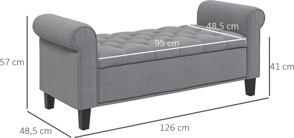 Banco de arrumação para a cabeceira da cama com braços, tecido com efeito de veludo, estofado e acolchoado, 126 x 48,5 x 57 cm, cinzento