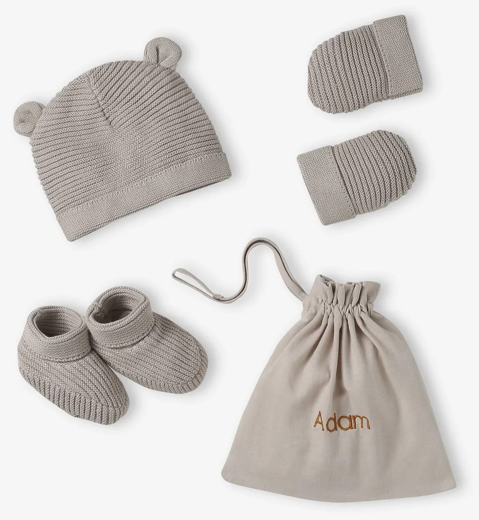 Conjunto gorro, luvas/mitenes e sapatinhos em algodão bio e bolsa personalizável  bege mesclado