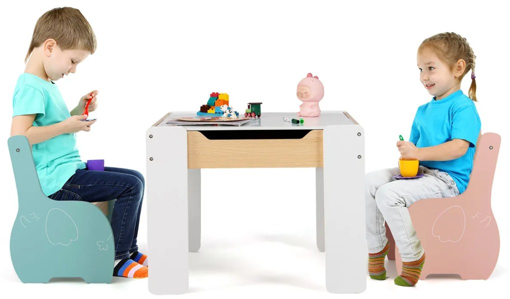 Conjunto de mesa e 2 cadeiras para crianças Mesa de atividades em madeira 4 em 1 para arte, desenho, leitura e quadro removível Multicolor