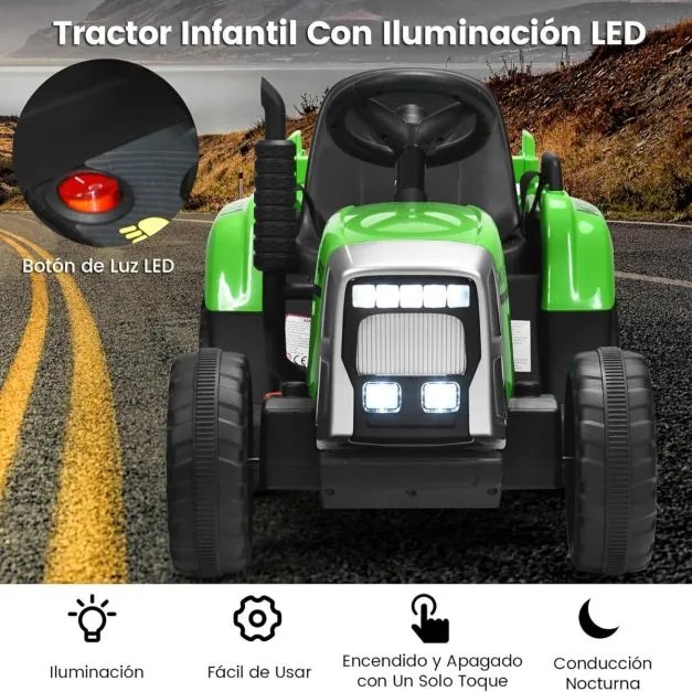 Trator elétrico para crianças 12V com reboque removível e controle remoto com 3 velocidades/luz/música para 3+ anos Carga 30 kg Verde