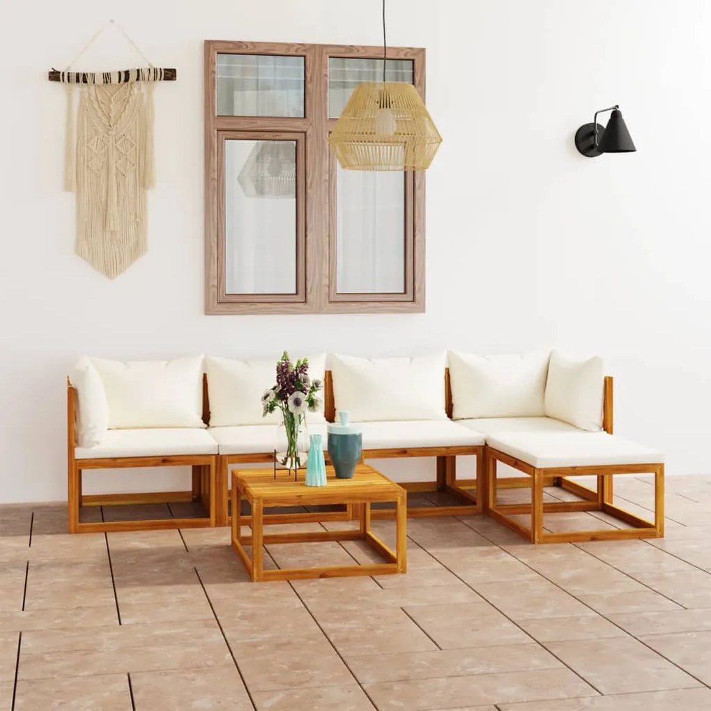 vidaXL 6 pcs conjunto lounge jardim c/ almofadões acácia maciça creme