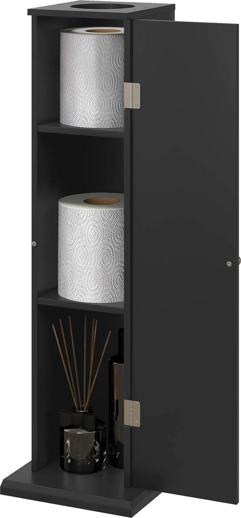 Suporte para papel higiénico para casa de banho 19,5 x 19,5 x 65 cm com 3 níveis e saída para o papel, para espaços pequenos, preto