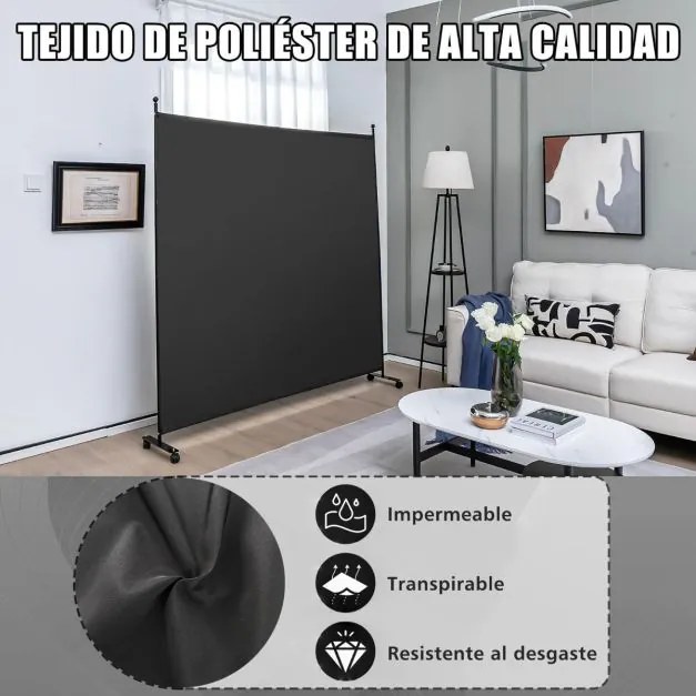 Biombo Divisória de ambientes 184 x 30 x 184 cm com painel único, tela de privacidade larga com rodas bloqueáveis Preto
