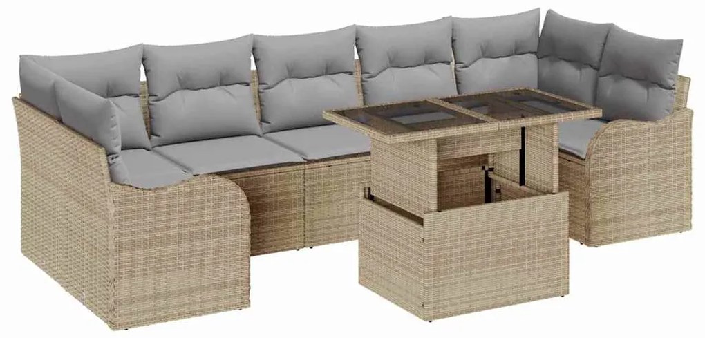 Conjunto de sofá de jardim de 8 peças com almofadas bege em rattan pol
