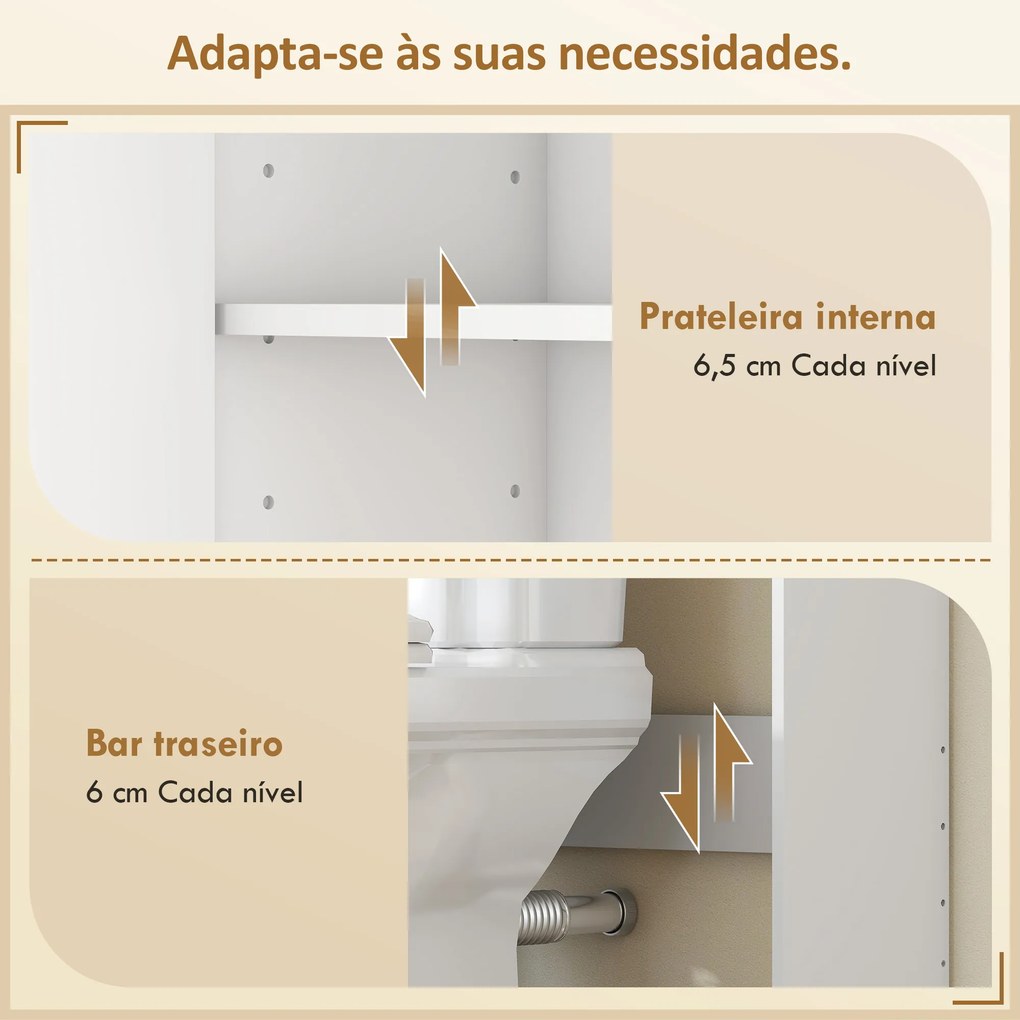 Móvel Sobre Sanita para Casa de Banho de 3 Níveis com Prateleira Aberta 2 Portas e Prateleira Ajustável 64x20x170,5 cm Branco