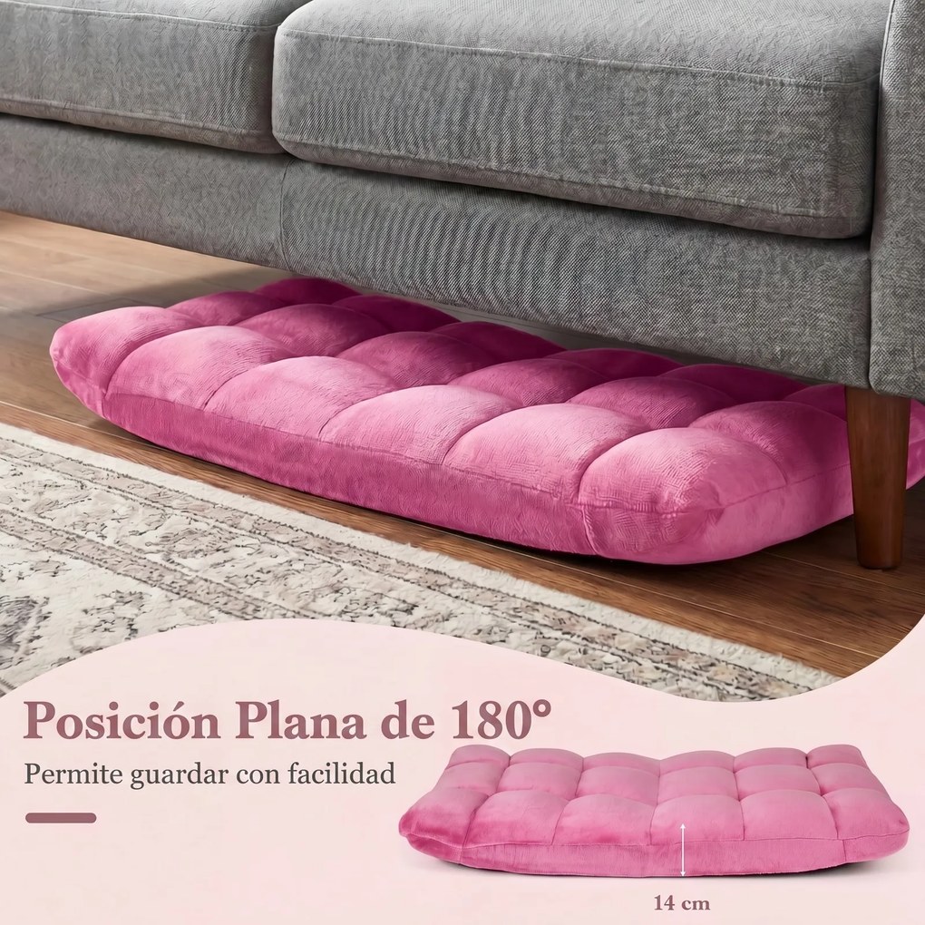 Cadeira de Chão Dobrável, 104 x 53 x 15 cm, Encosto Ajustável em 14 Posições, Rosa