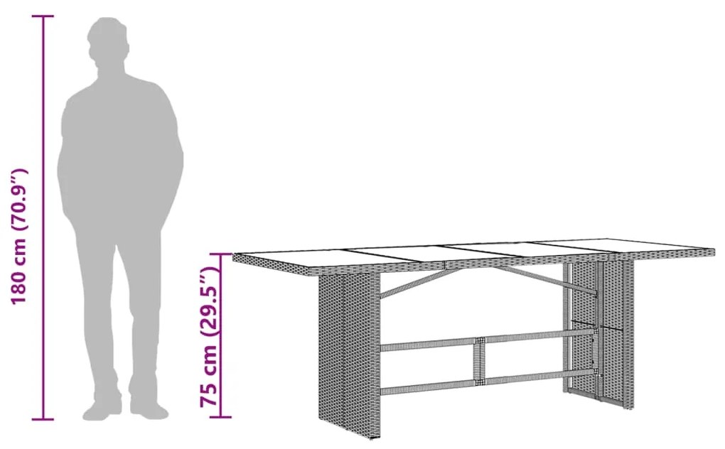 Mesa de jardim com tampo de vidro 190x80x75 cm vime PE castanho