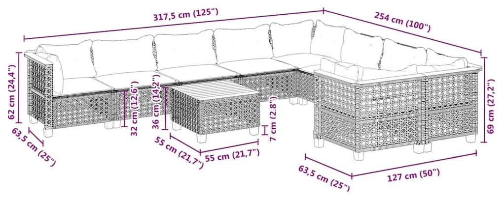 10 pcs conjunto de sofás p/ jardim com almofadões vime PE bege